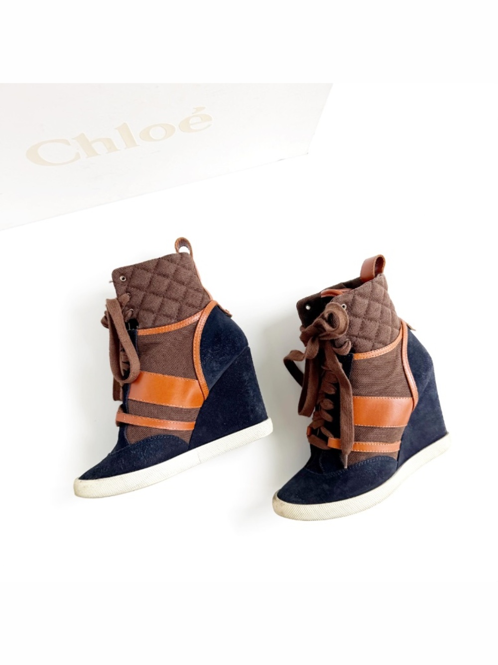 Chloé High-Top Wedge Sneakers EU 37 Navy Suede Brown Canvas Leather Box